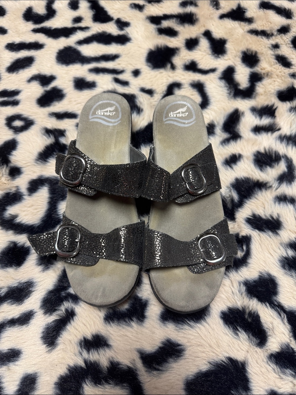 Dansko Black Glitter Double-Buckle Slide Sandals